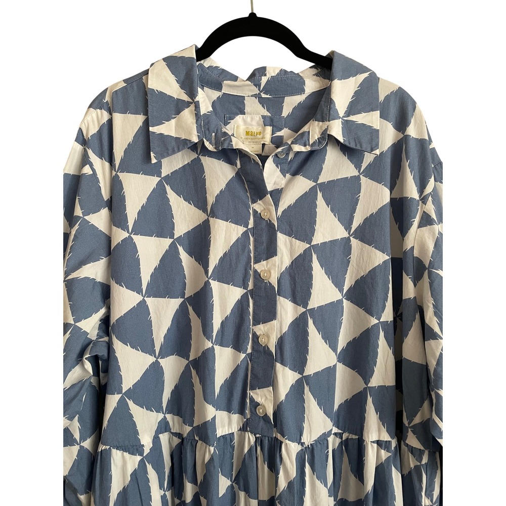 Maeve Anthropologie Bettina Tiered Shirtdress Blue White Geometric Maxi 2X Artsy - Picture 4 of 8